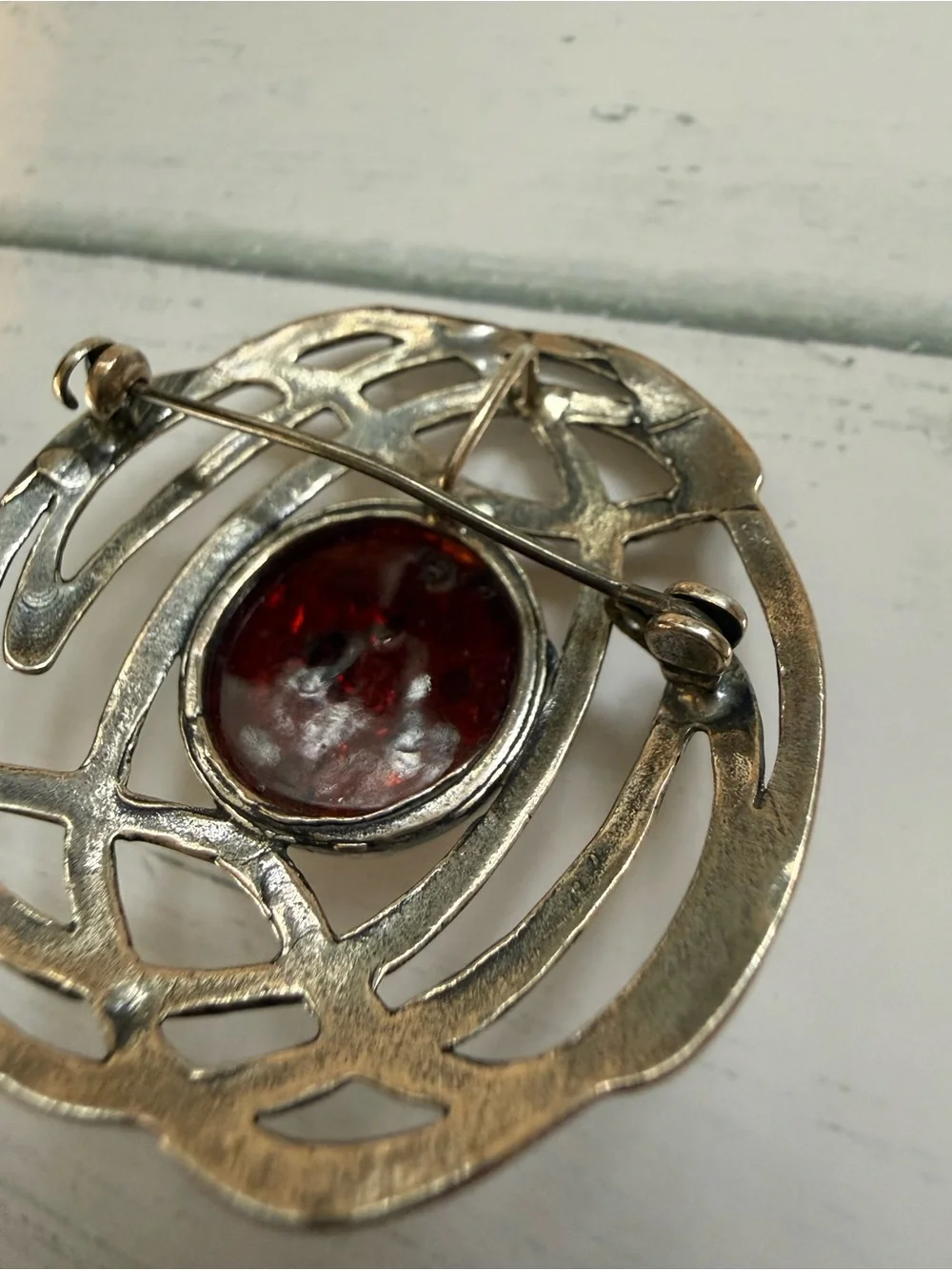 Amber Silver-Tone Celtic Brooch - Amber Yellow